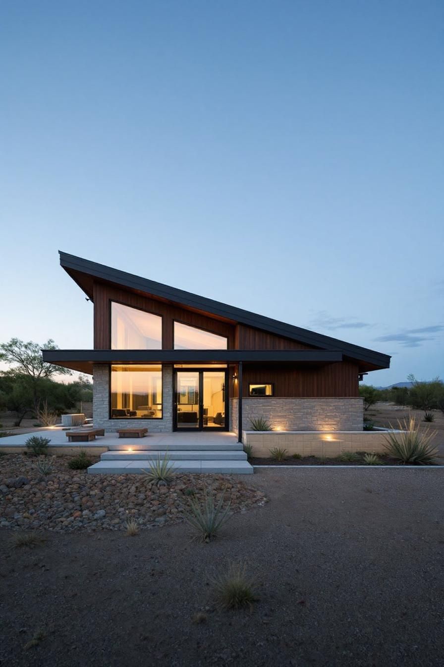 Contemporary home with angled roof at twilight