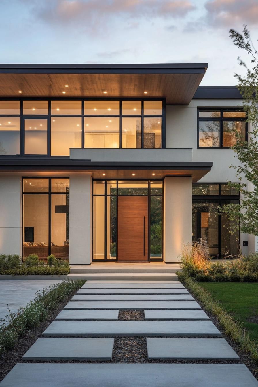 Modern house exterior with large windows and a wooden door