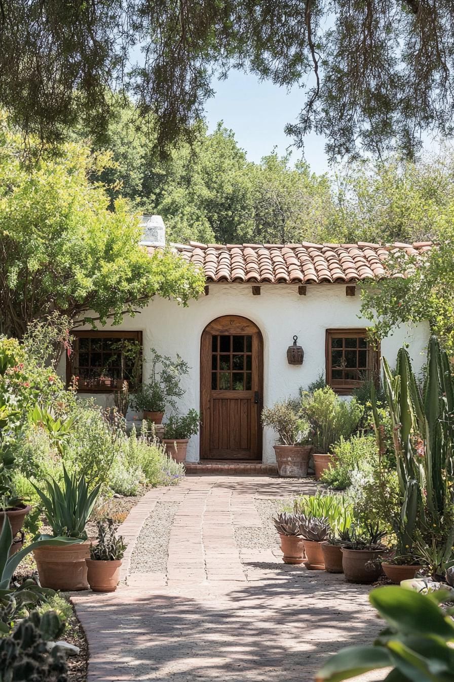 Spanish bungalow surrounded by greenery and terracotta pots