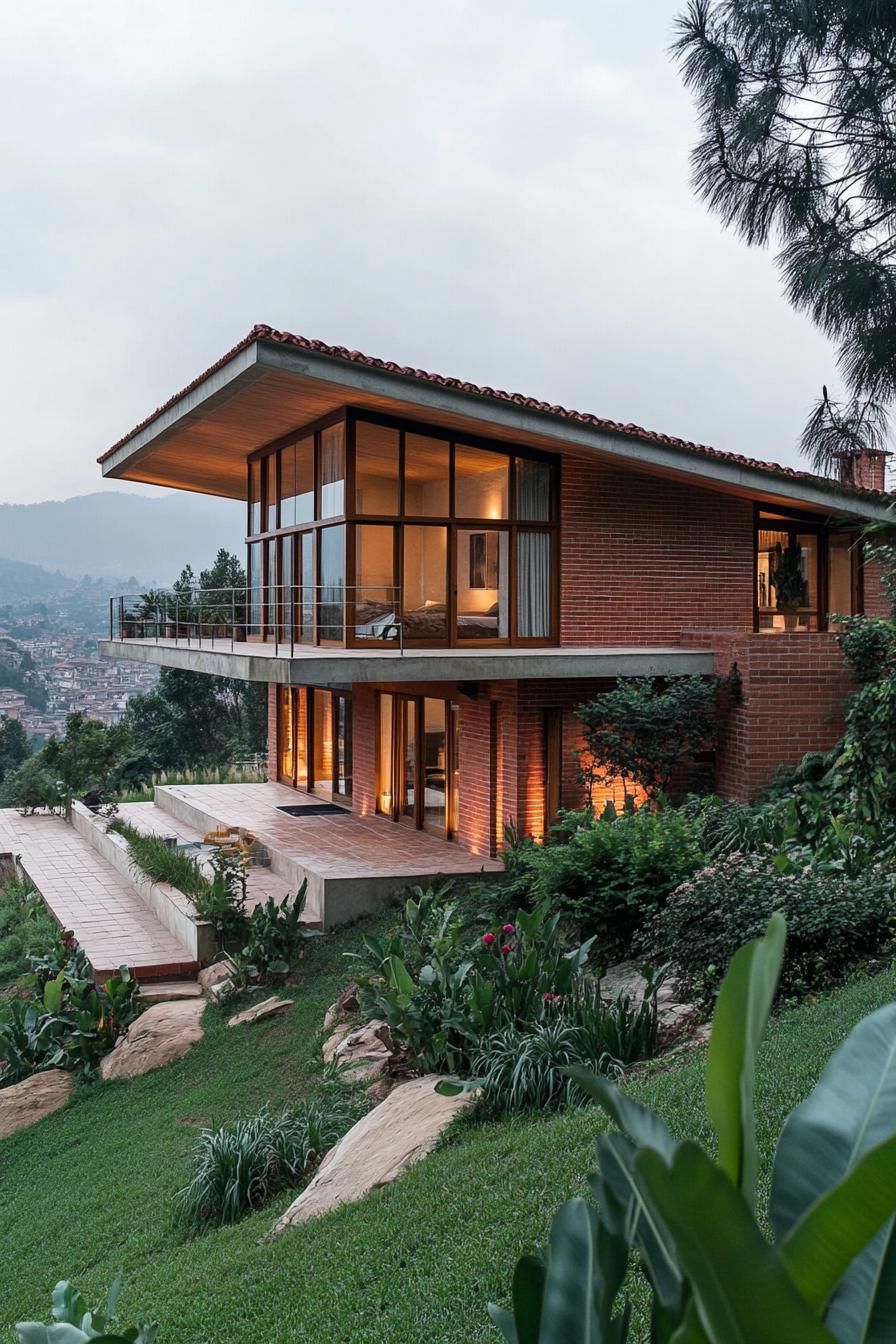 modern slope cascading house facade with red brick siding slanted roof along the hill full wall windows with wooden frames