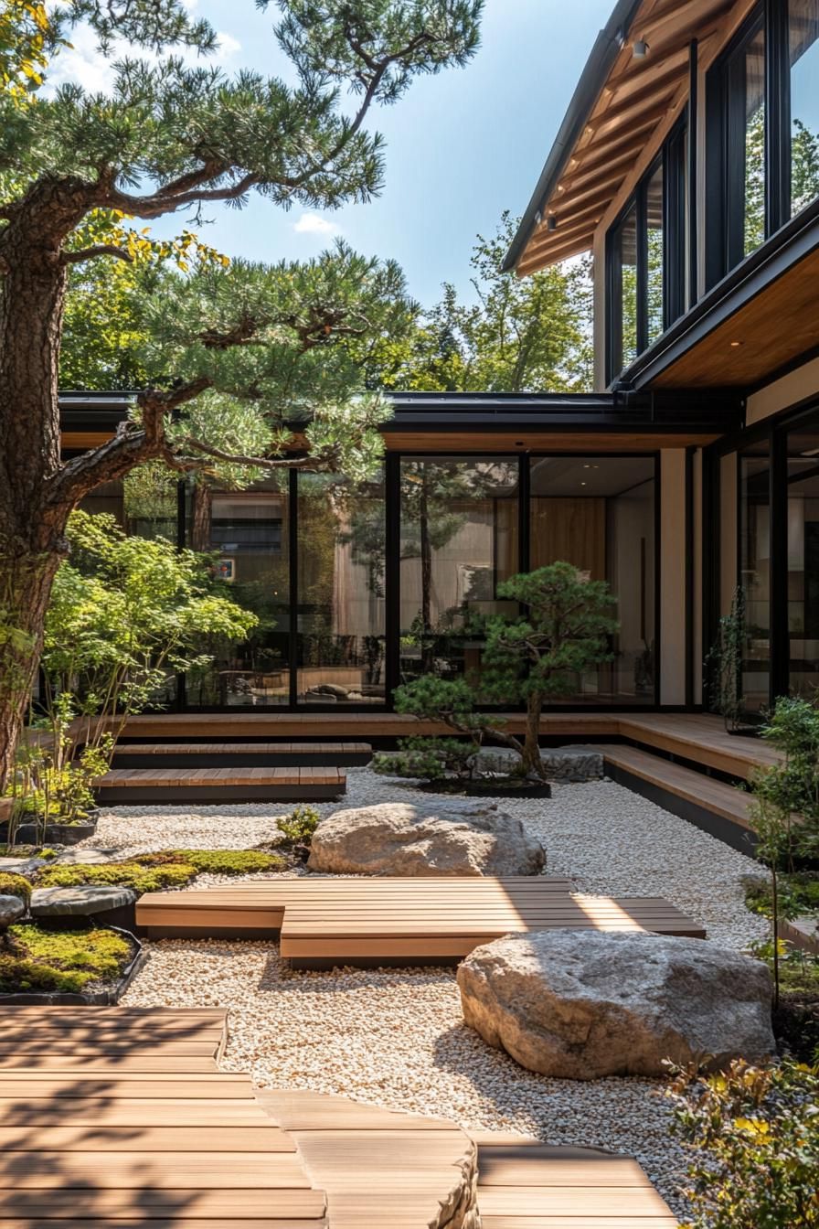 Japanese courtyard house with wooden pathways and large rocks