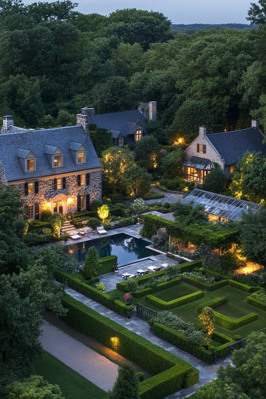 Elegant stone manor with lush gardens and pool at dusk