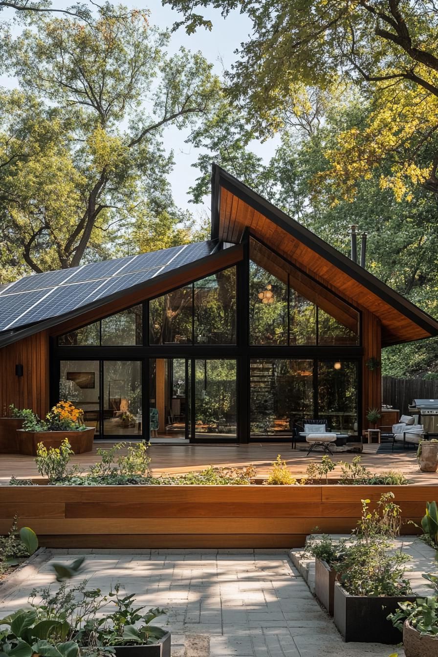 mid century modern cabin with large windows sloped roof with solar panels deck with planters 1