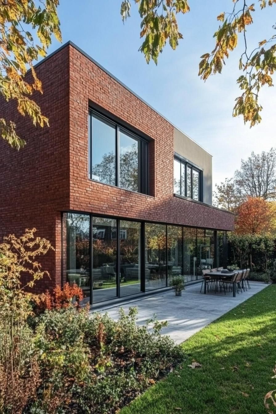 red brick village house with large modern windows concrete paved front yard with lawn and native shrubs 2