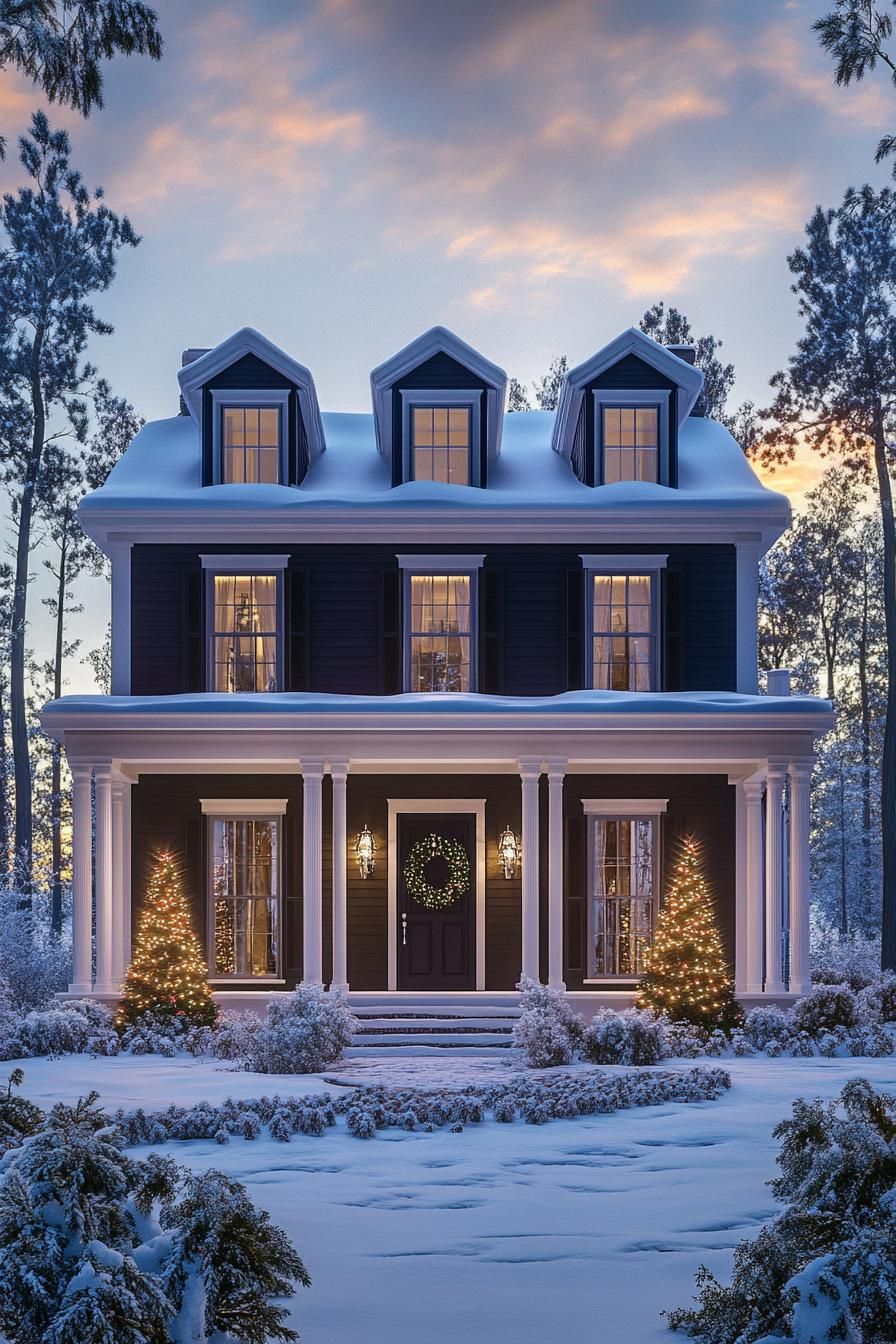 front view of a tall french cottage with dark siding and white trim and moldings roof with snow large porch with white columns front door with 2