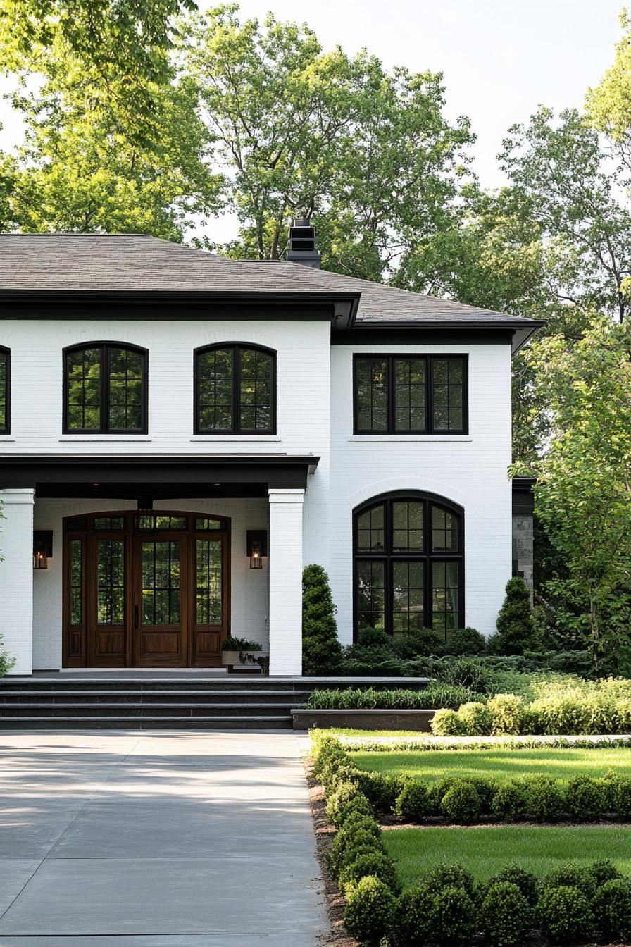 modern blocked white house with dark grey blocks and natural wood doors windows mixed with large and small sizes front yard landscaping with shrubs 1