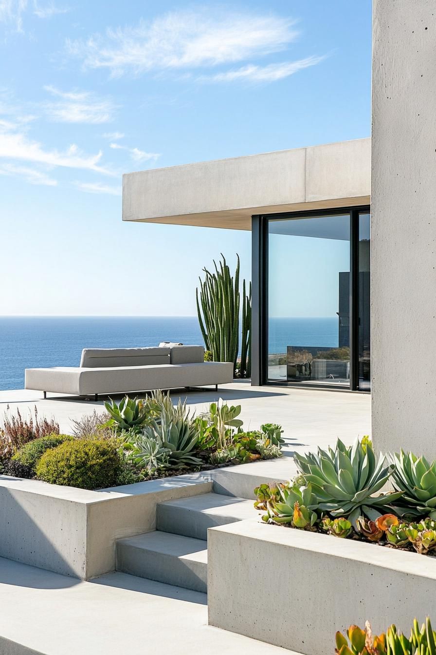 moder rooftop terrace of white concrete building concrete planters with succulents and leafy plants concrete paved ground sliding door to living