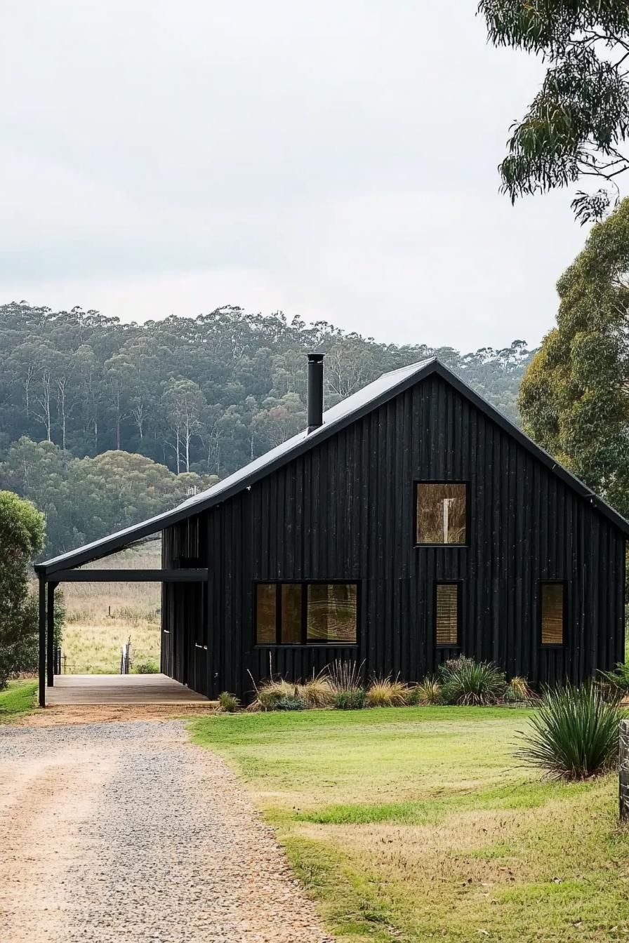 Modern barn house with black exterior in a lush landscape