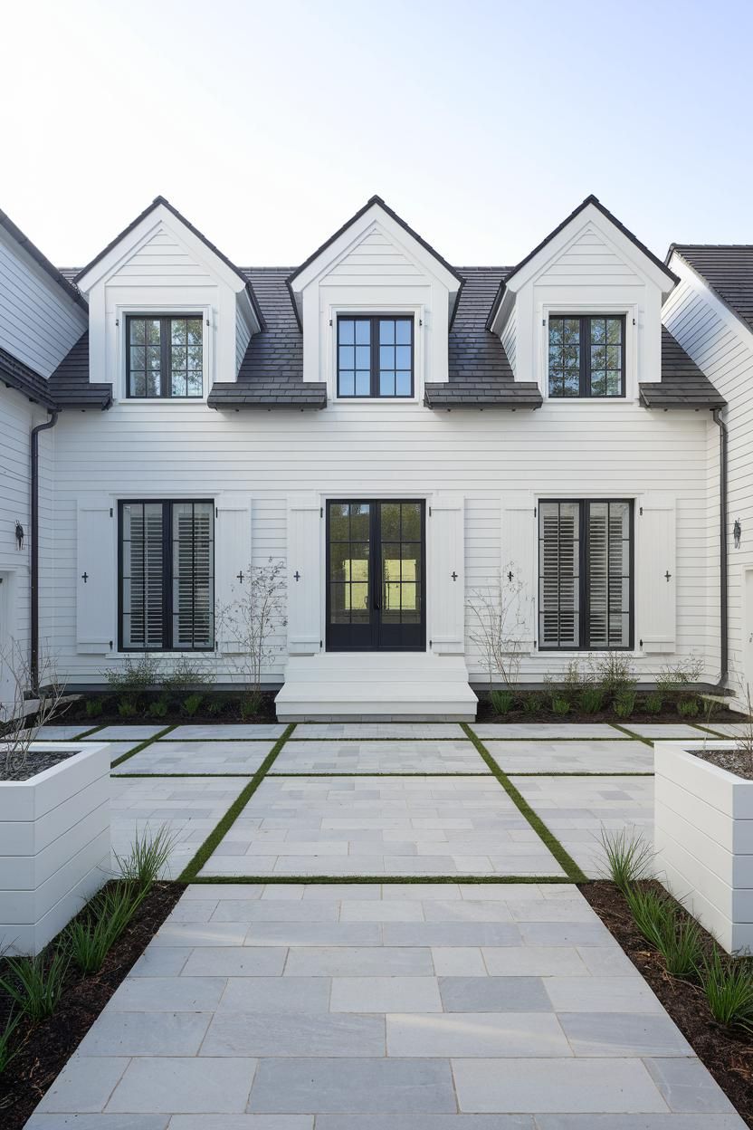 Chic white house with black window accents and sleek lines