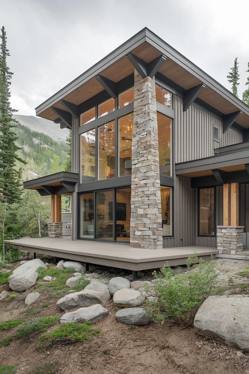 Mountain cabin with large windows and stone chimney