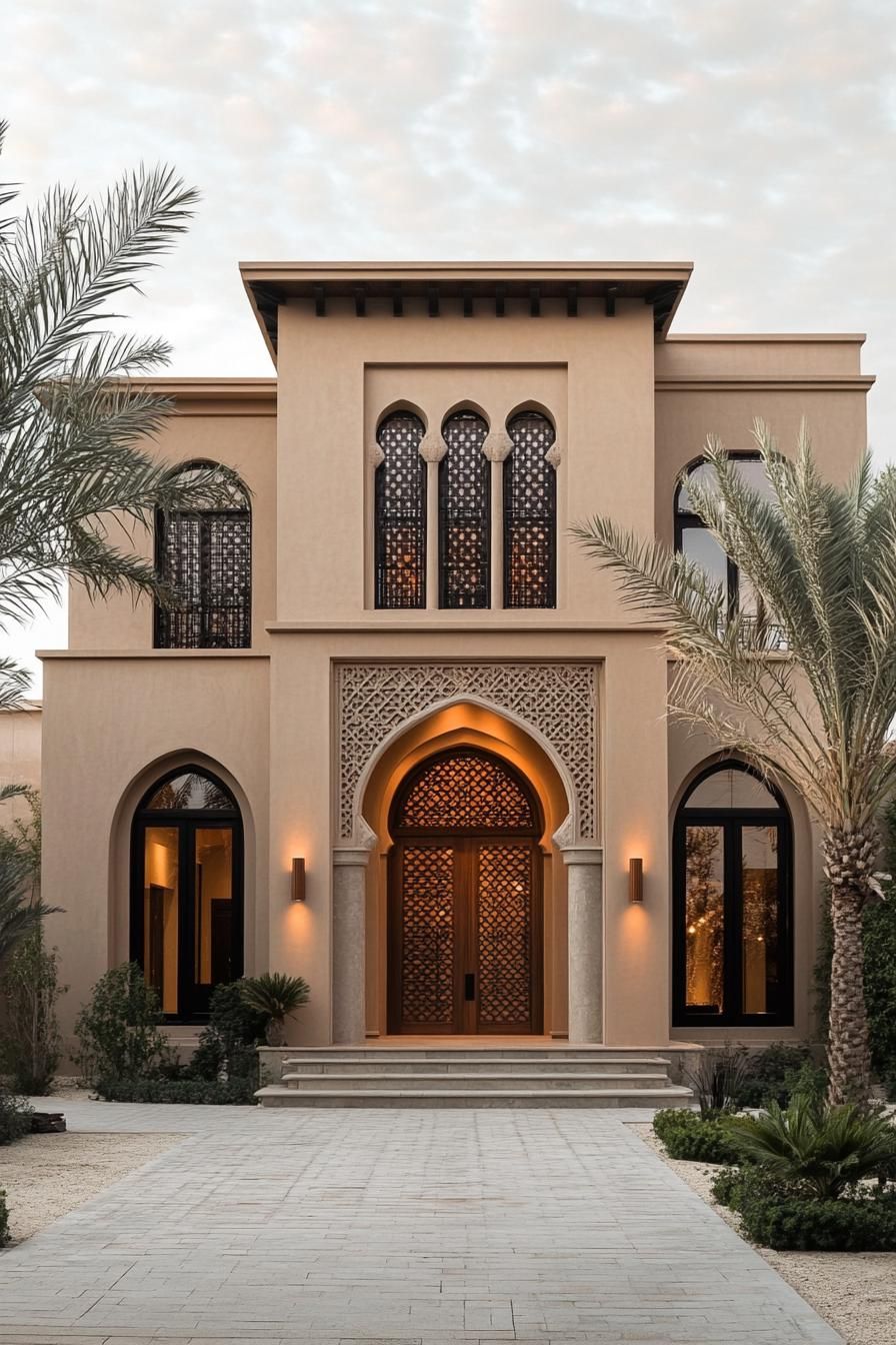 Elegant Arabic-style house with intricate arches and palm trees