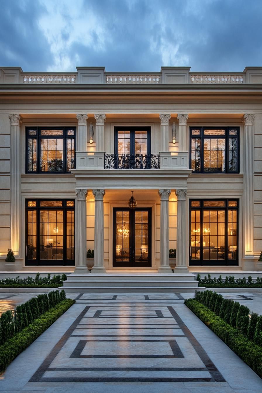 Grand house with elegant, glowing facade and pillars