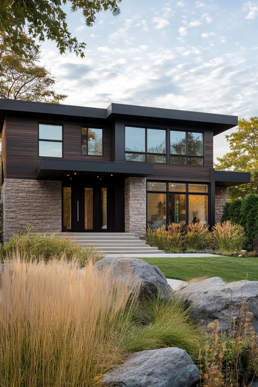 Modern house with stone and wood exterior, surrounded by greenery