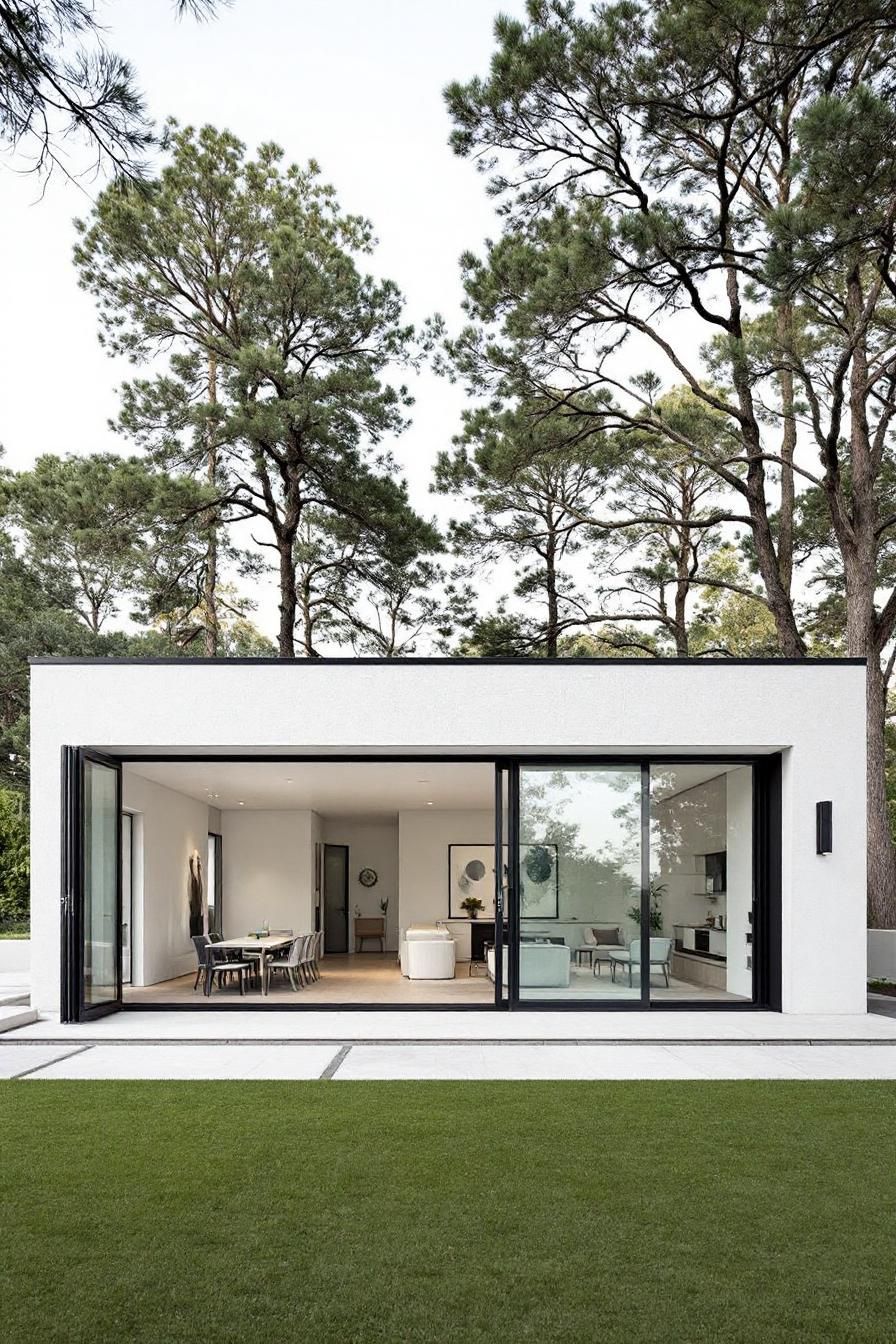 Minimalist pool house with large glass doors