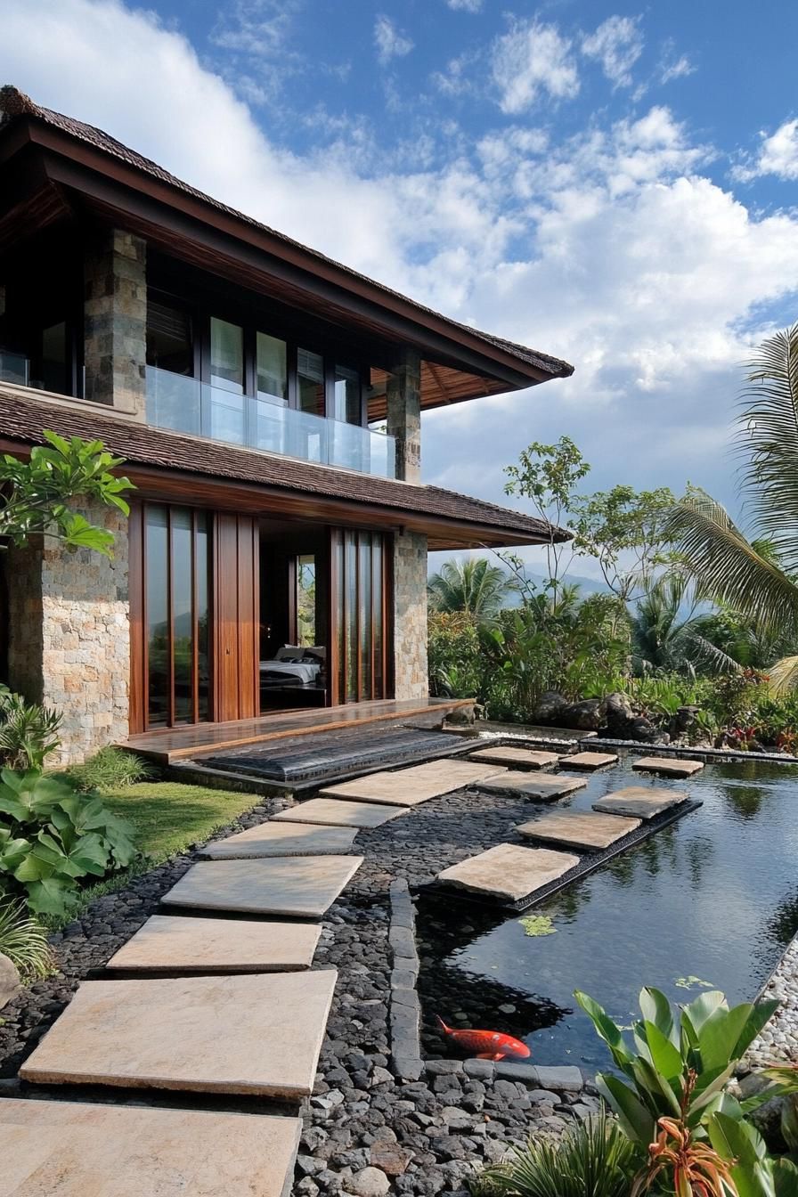 Chic Balinese villa with stone path and koi pond