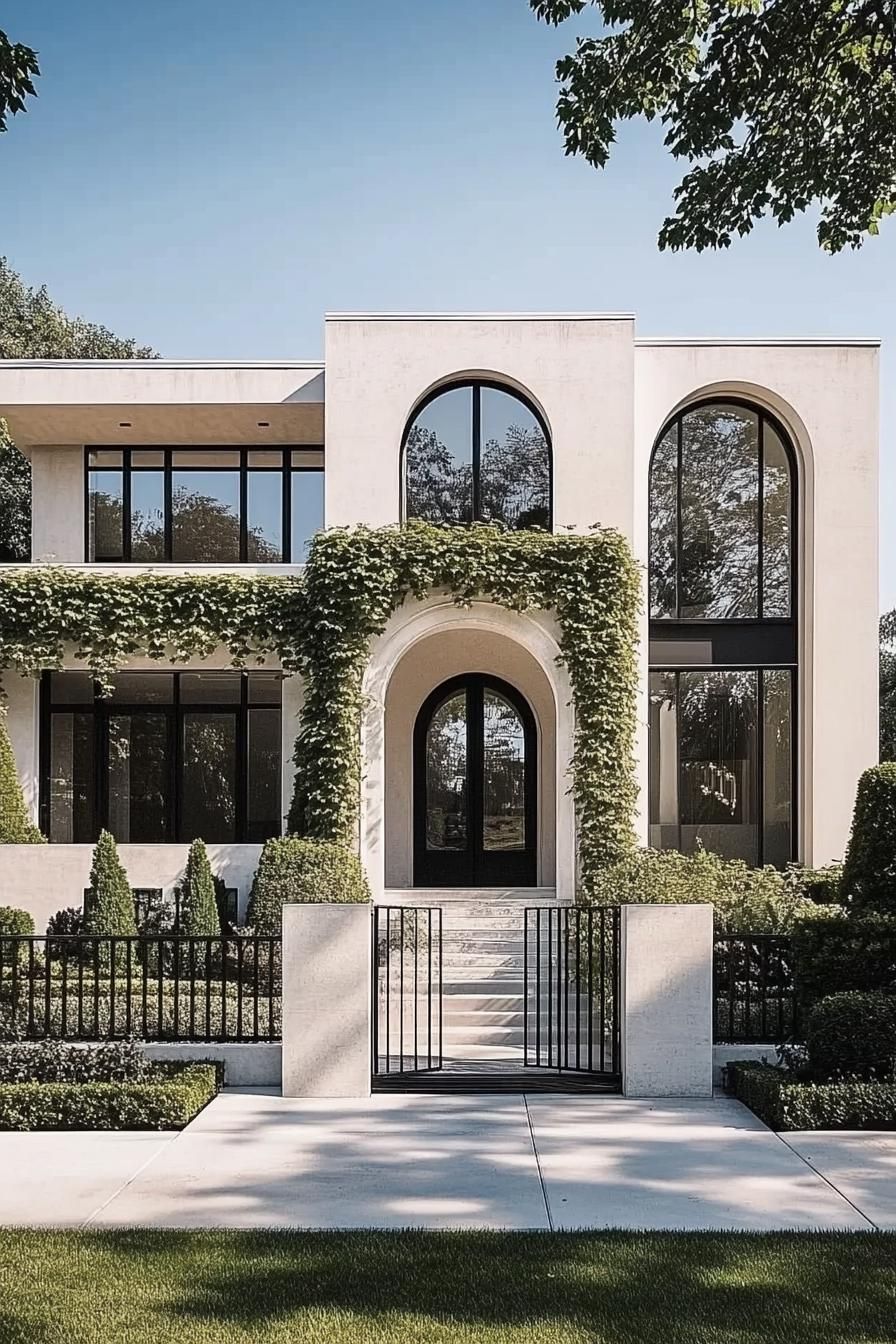 modern concrete villa with white stucco siding front arched windows and entryway vines on arches large modern windows in black trim front concrete 7