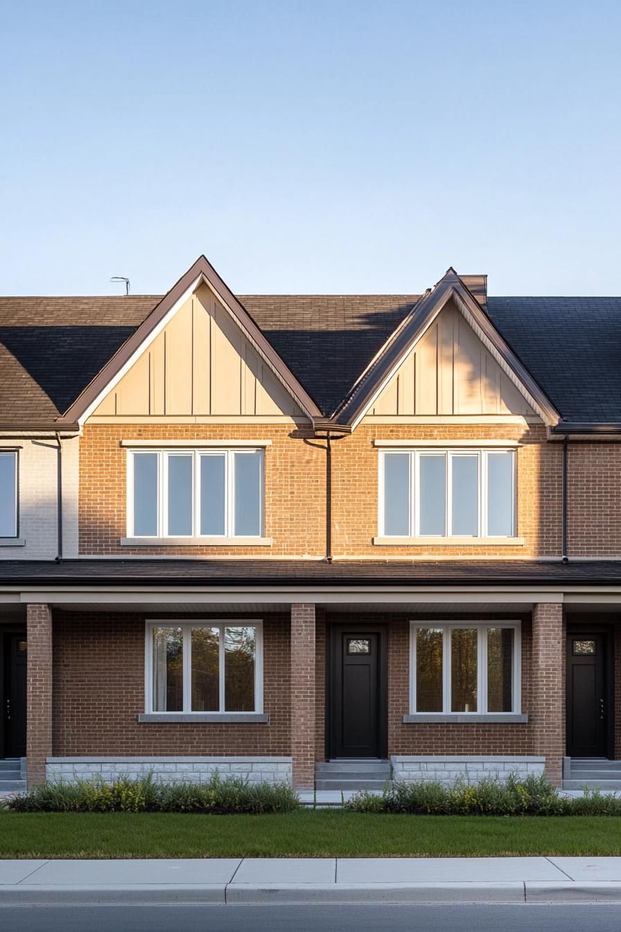 Townhouse with tall gabled roof and brick exterior