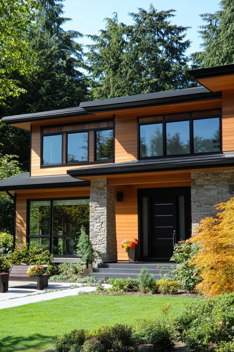 Modern house with stone and wood elements nestled in greenery