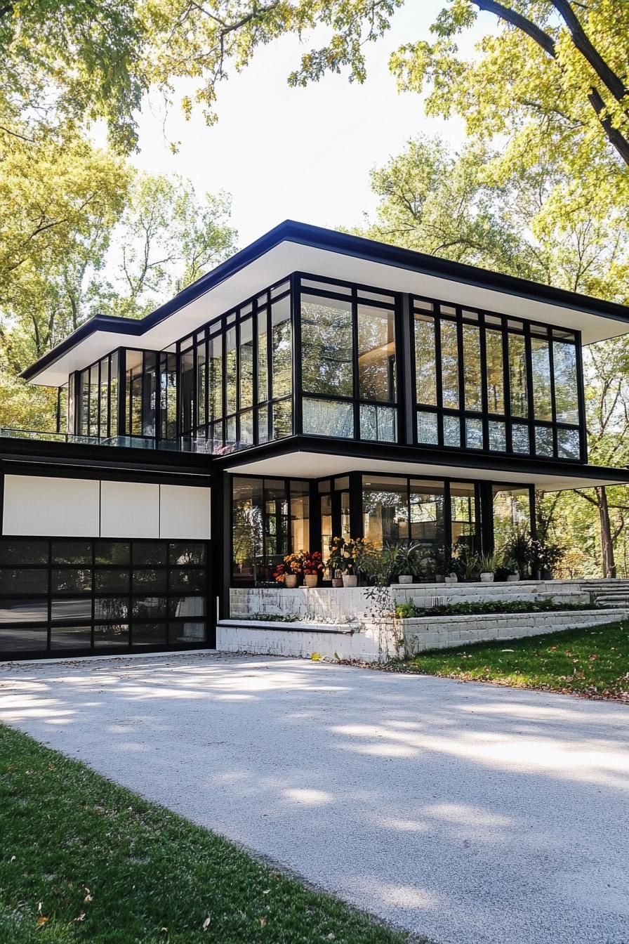 modern glass house with black and white framing garage asphalt driveway 2