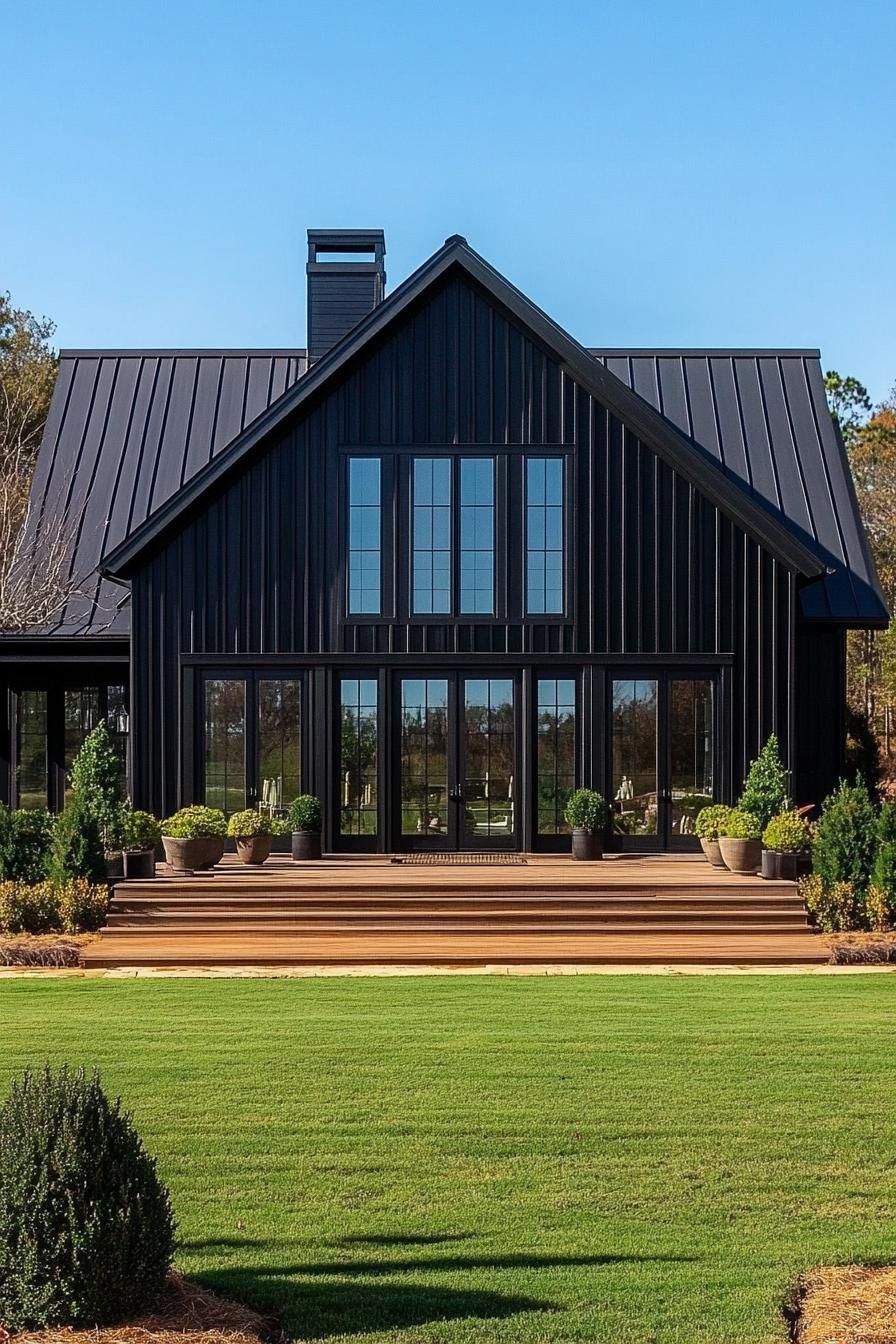 Modern black barndominium with gabled roof