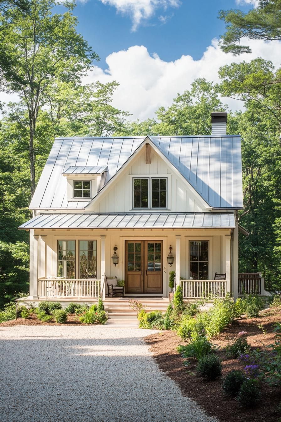 Charming white cottage with a cozy front yard