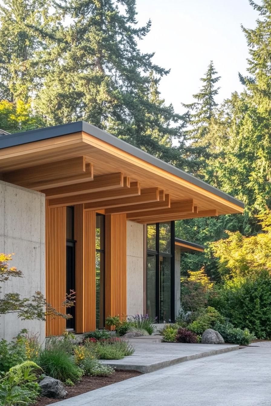 Flat roof house nestled among tall trees