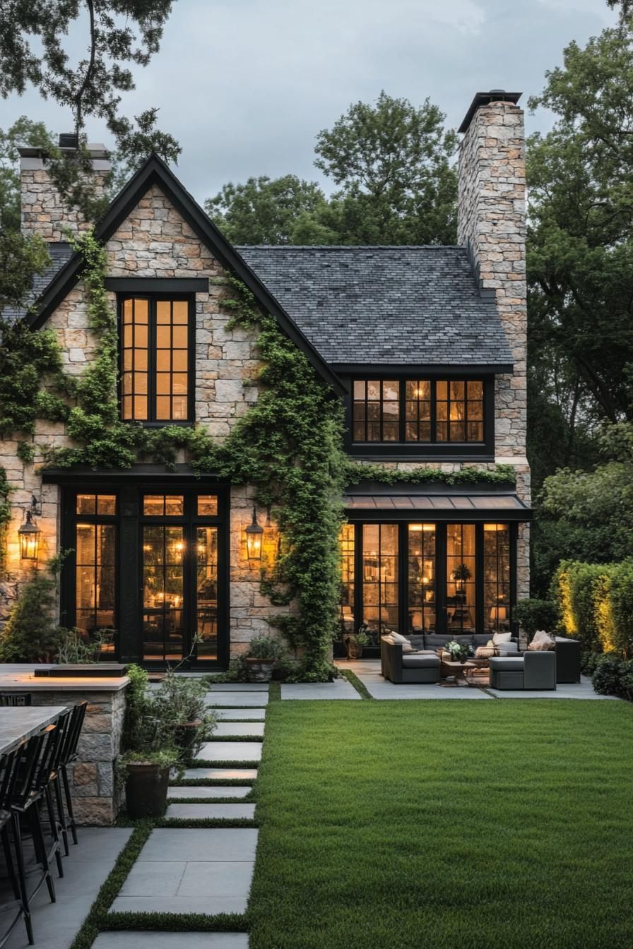 Charming stone Tudor house with ivy and bright windows