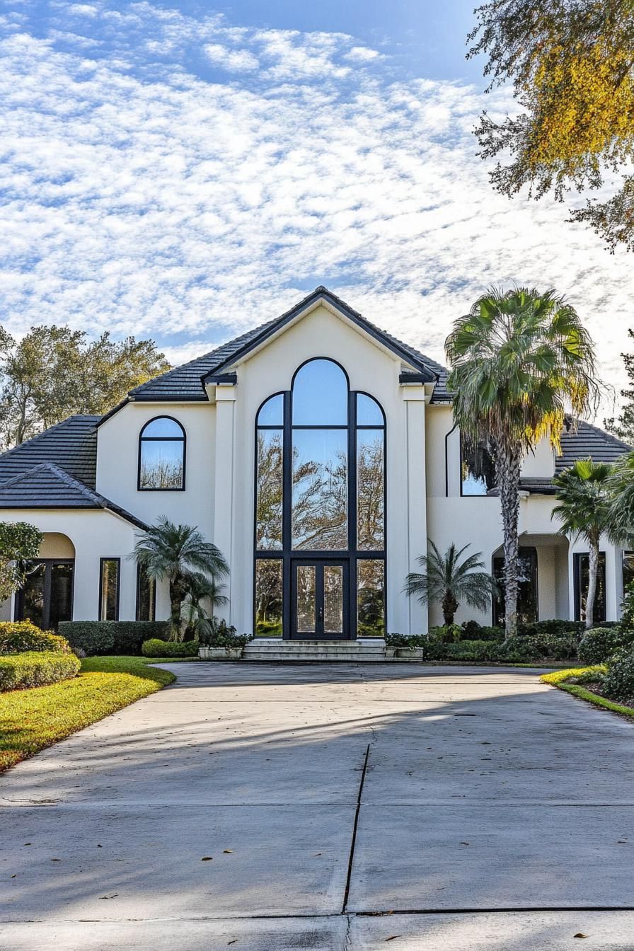 Modern coastal house with large windows and a palm-lined driveway