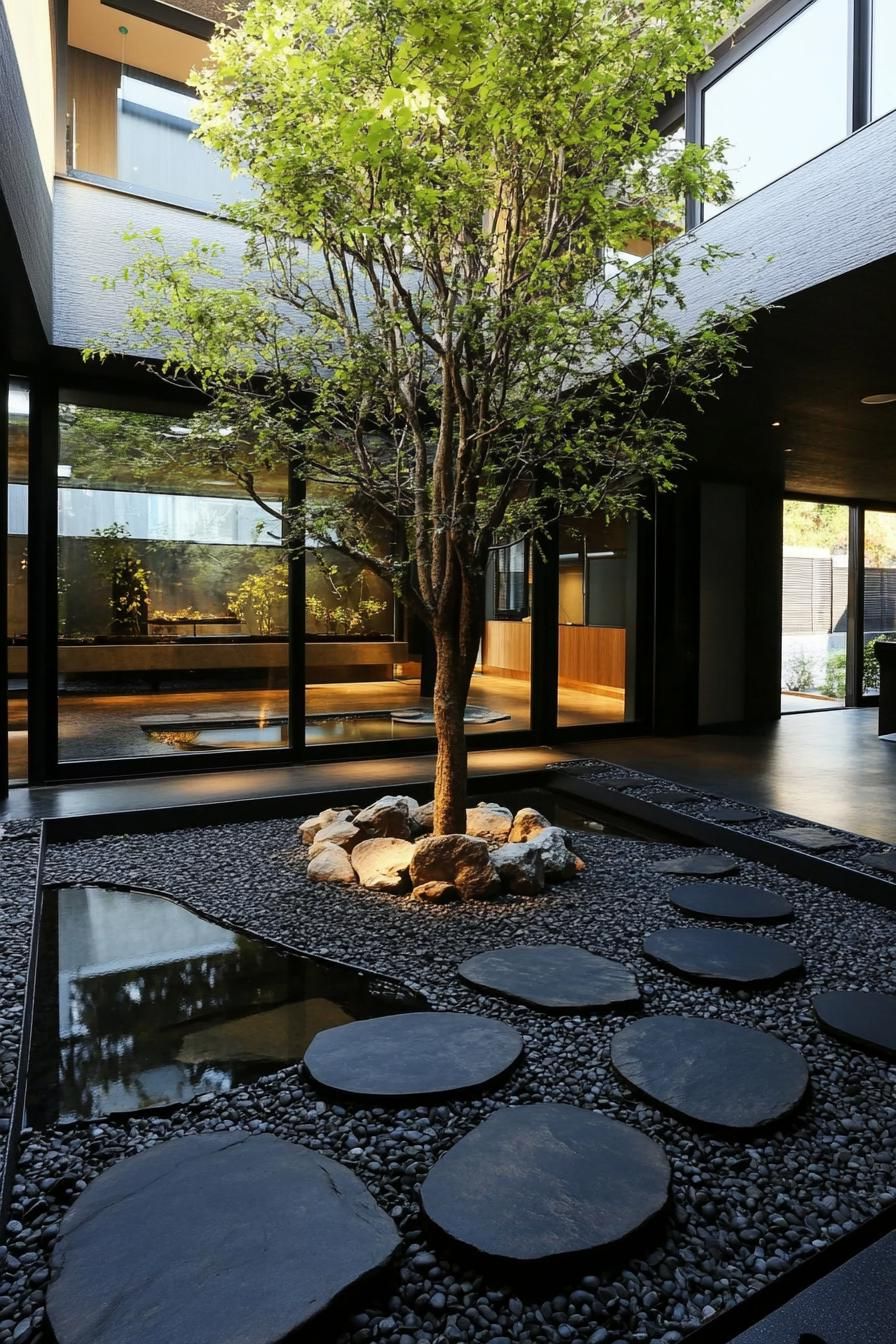 Modern house interior courtyard with tree and stone pathway