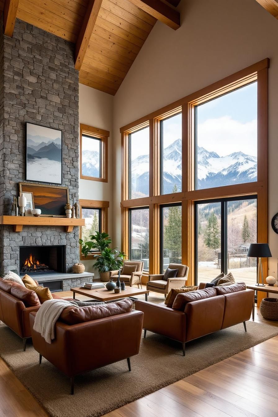 Spacious cabin living room with mountain views