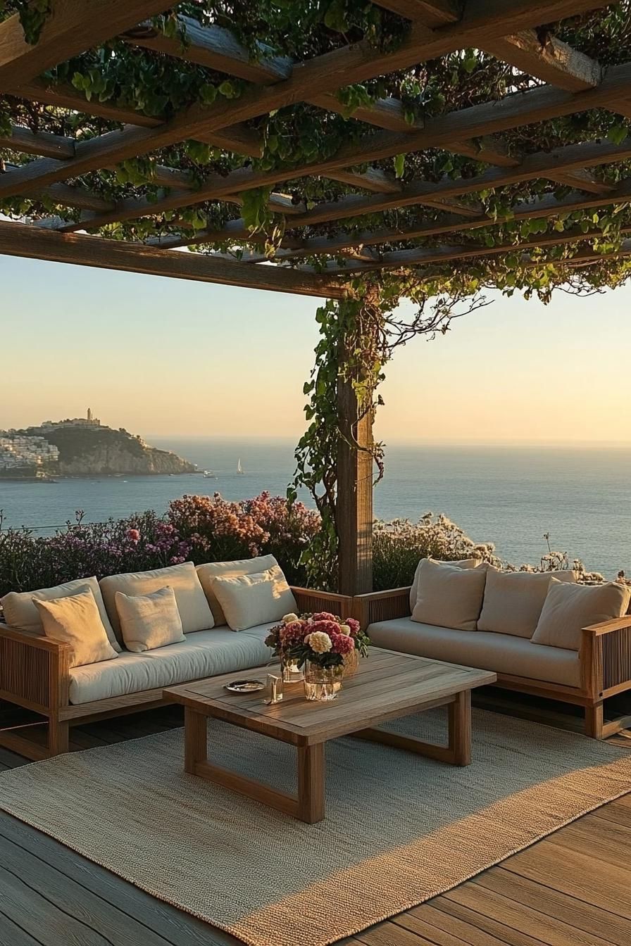 rooftop terrace with wooden pergola with vines cushioned furniture wooden deck area rug modernist coffee table flower planters sea view 1