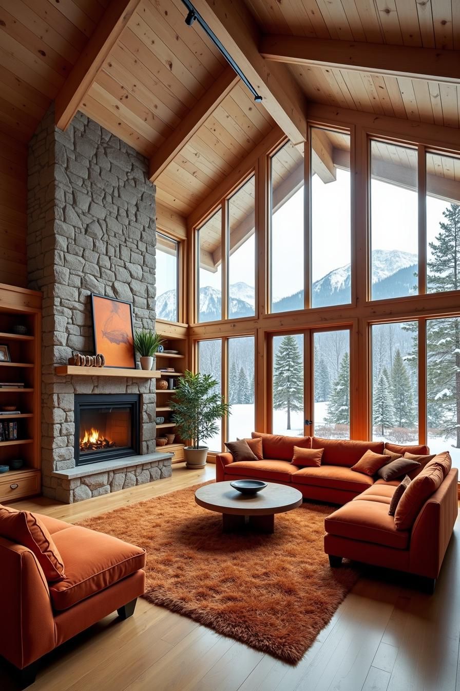 Rustic cabin interior with large windows and a stone fireplace