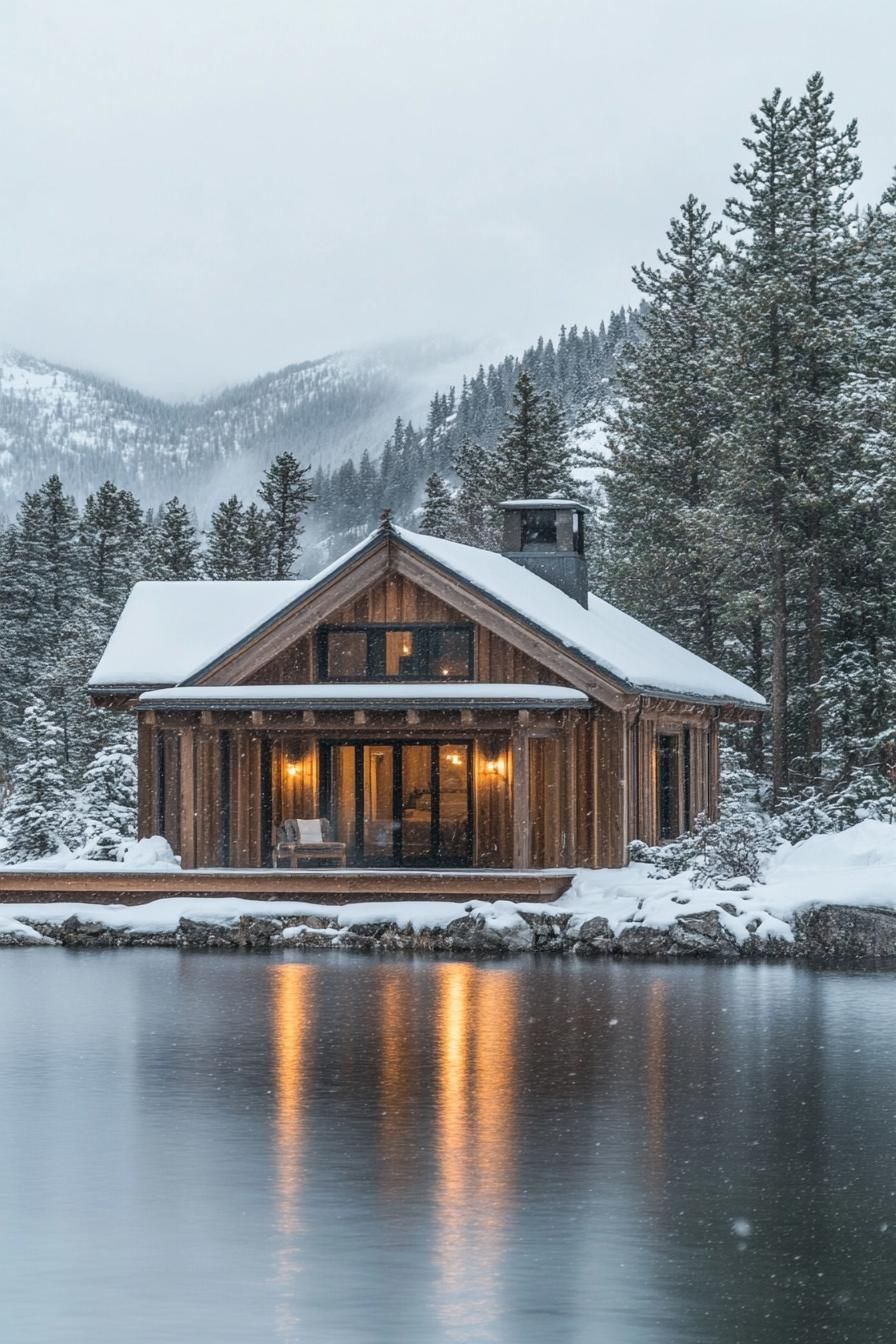 Wooden cabin by a serene snowy lake