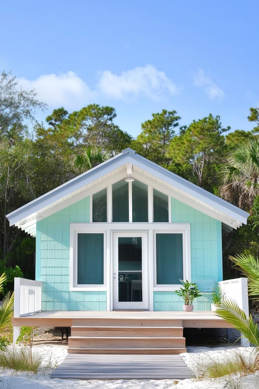 Small turquoise beach house with front porch