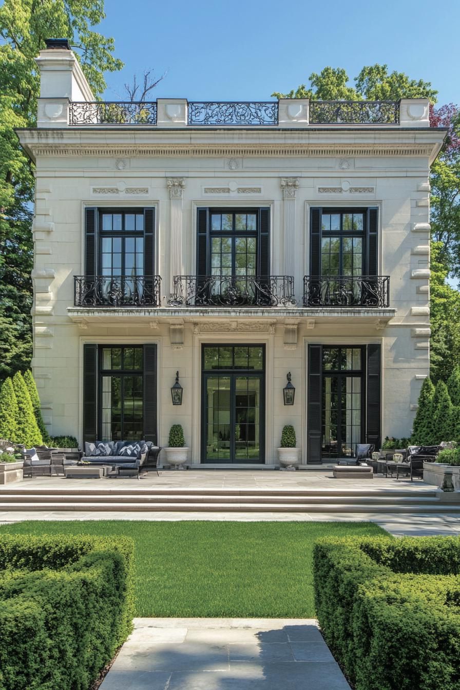 A grand two-story mansion with tall windows and ornate balconies