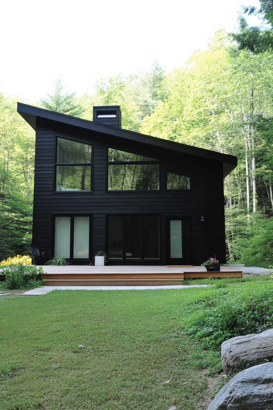 Modern black house with large windows surrounded by lush greenery