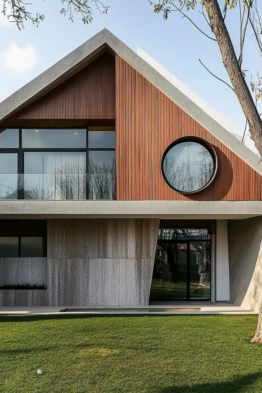 geometric modern house facade architecture with mixed materials triangle and circle shapes