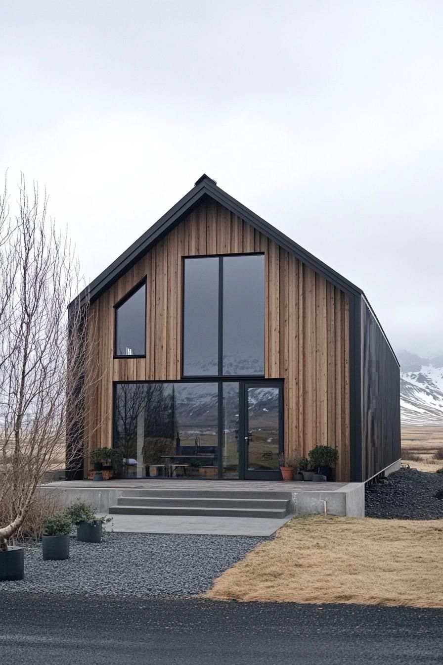 Contemporary barn-style home with wood and metal facade