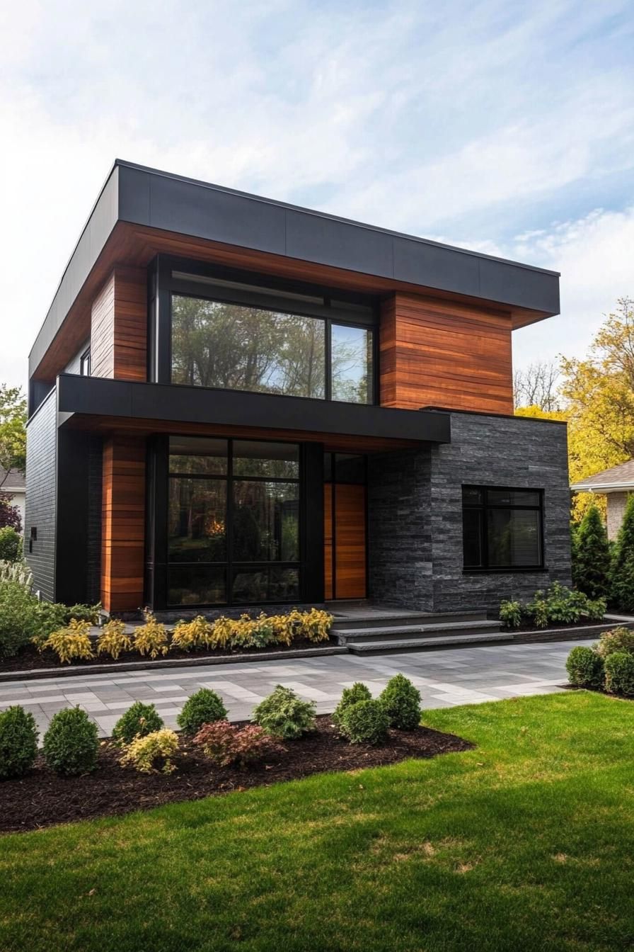 modern black villa with dark wood accent panels large front granite slab feature wall large front paved yard with geometric shrubs 2