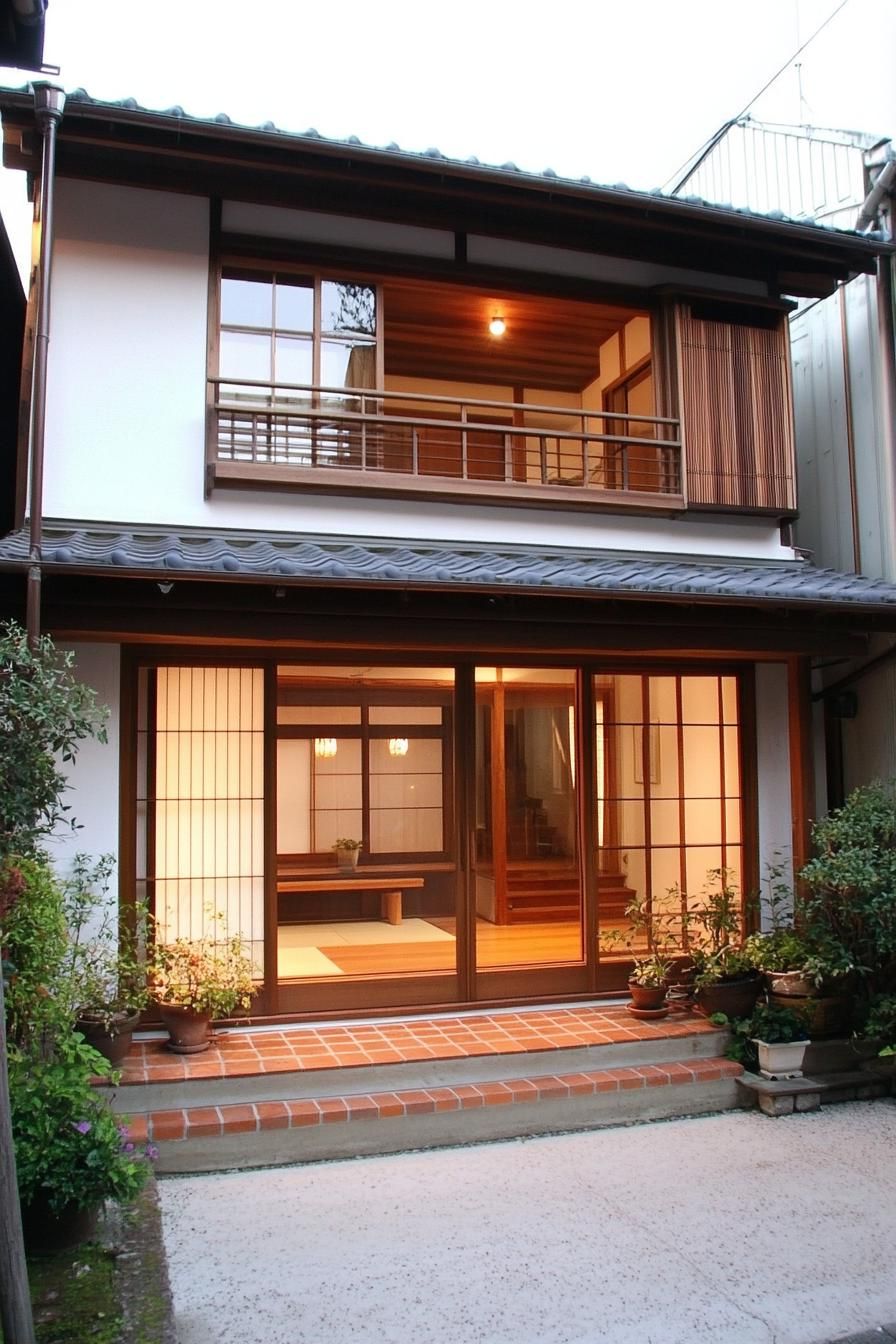 Traditional Japanese house with warm lighting and sliding doors