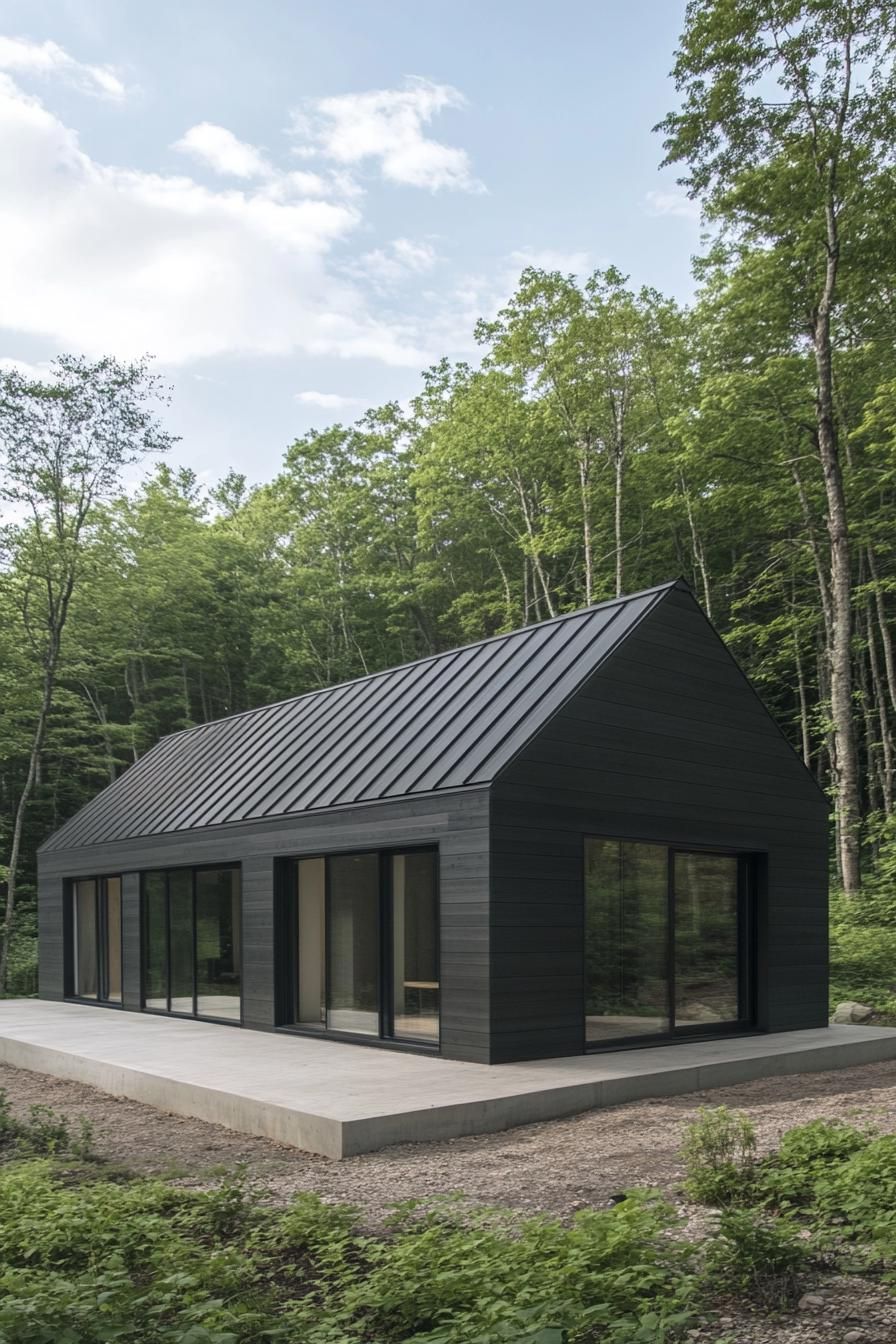 Modern cabin with a gabled roof and large windows