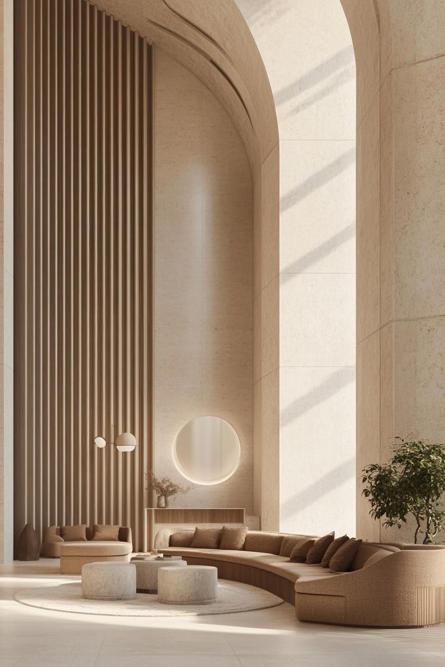 Modern lobby with curved seating and tall textured walls