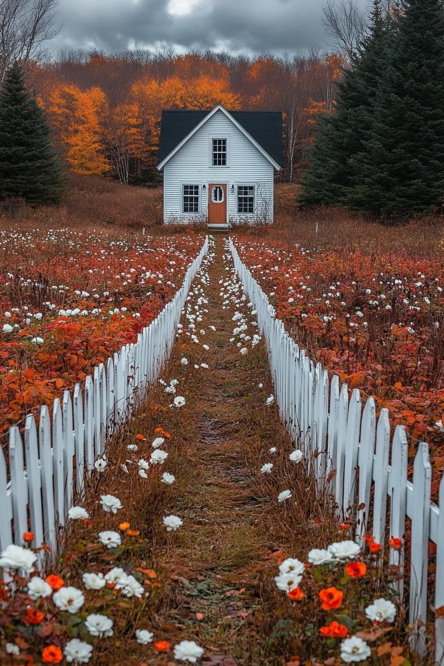 White house in a colorful autumn garden with a picket fence path