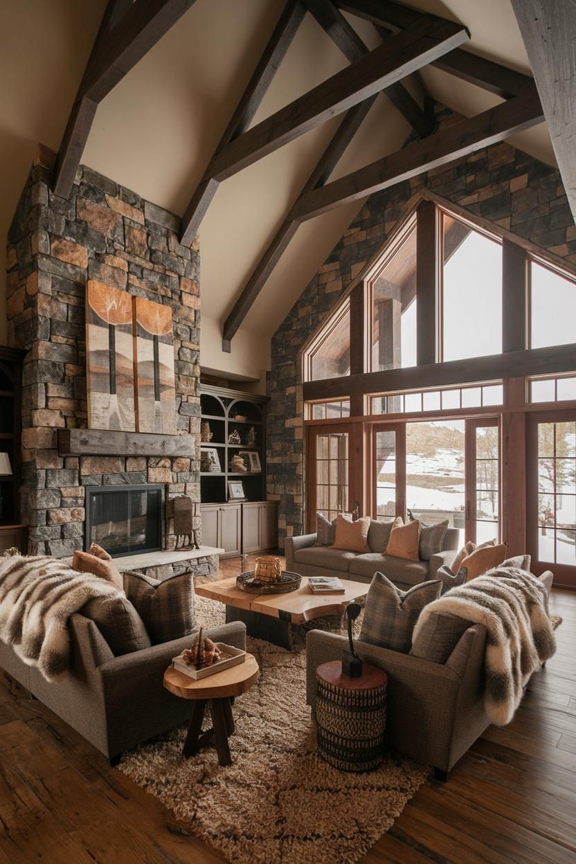 Luxurious winter cabin with stone walls and plush furnishings