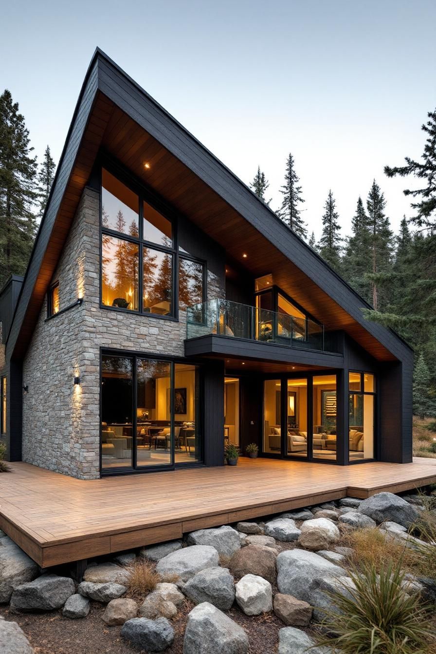 Modern cabin with angular roof, large glass windows, and stone wall