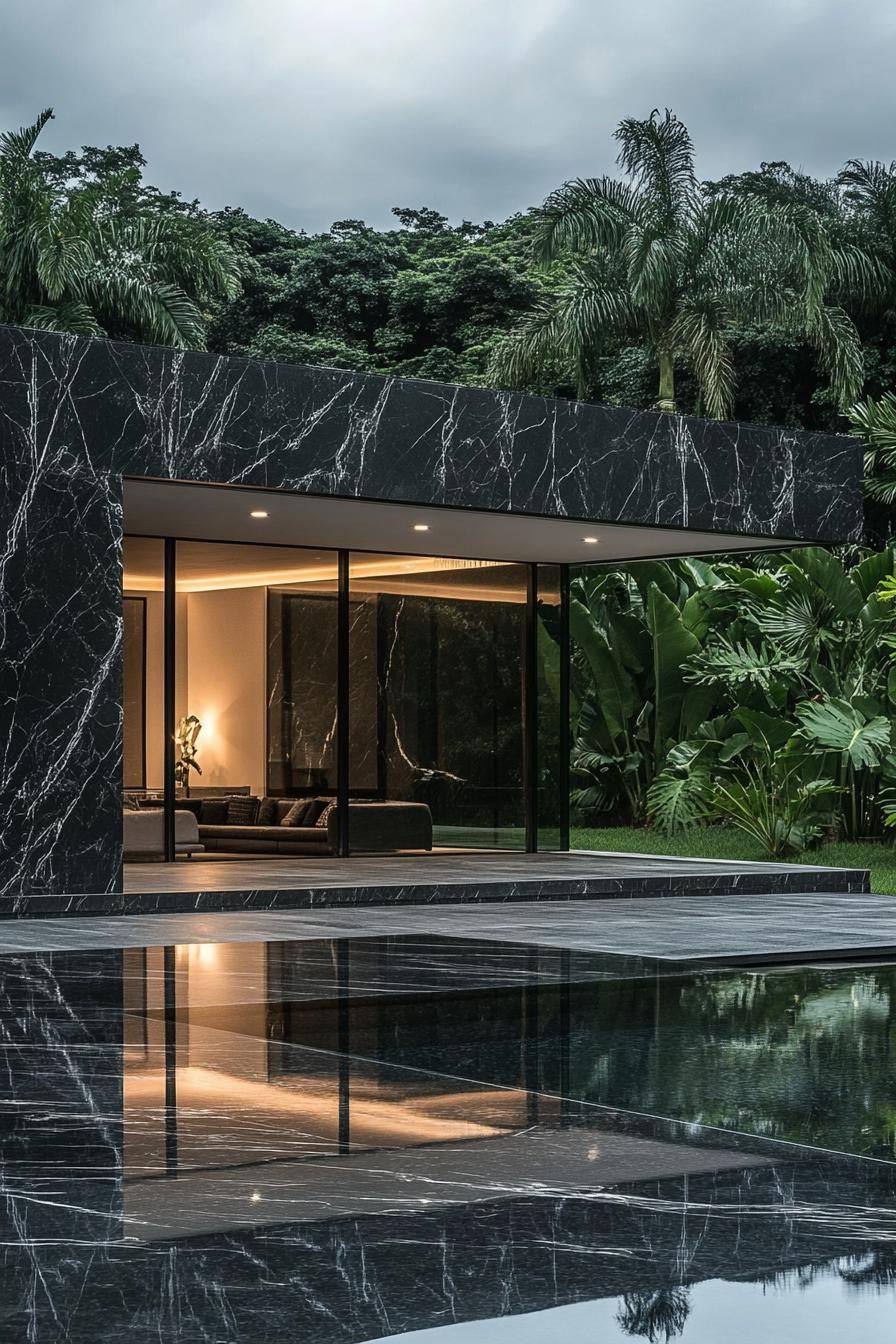 Modern villa with marble exterior and lush greenery