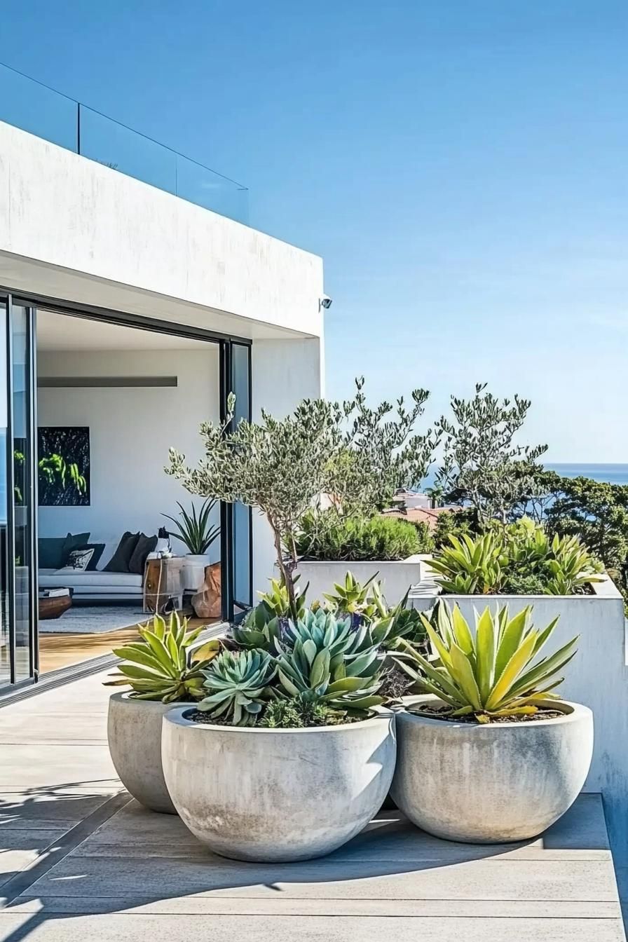 moder rooftop terrace of white villa concrete planters with succulents and leafy plants concrete paved terrace sliding door to living area