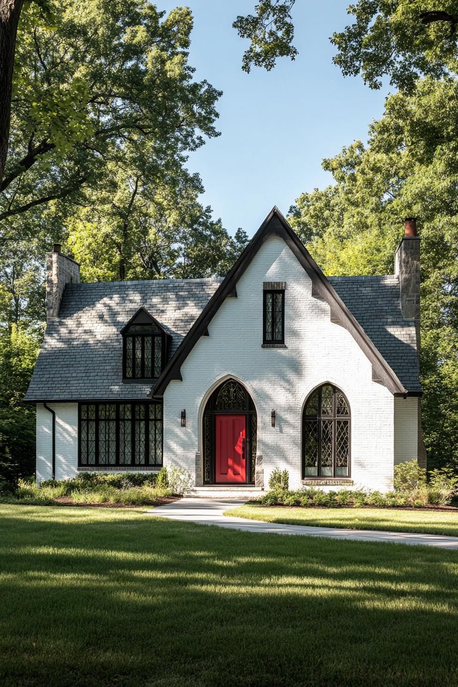 Modern Tudor house with a bold red door