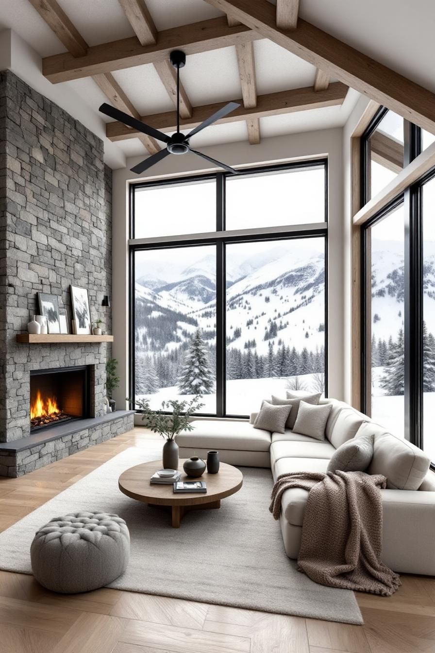 Cozy living room with a stone fireplace and large windows overlooking snow-capped mountains