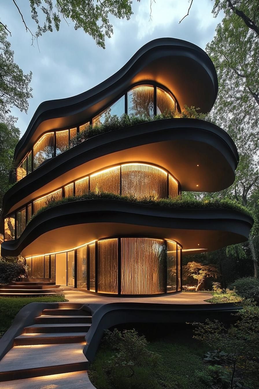 Curvy multilevel home with glowing lights, set amidst greenery